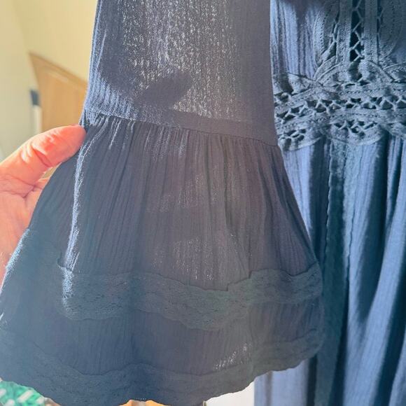 Free People Navy Boho Cottage Core Teared Lace Hi Low Maxi Dress Bell Sleeve 2 - Picture 15 of 16